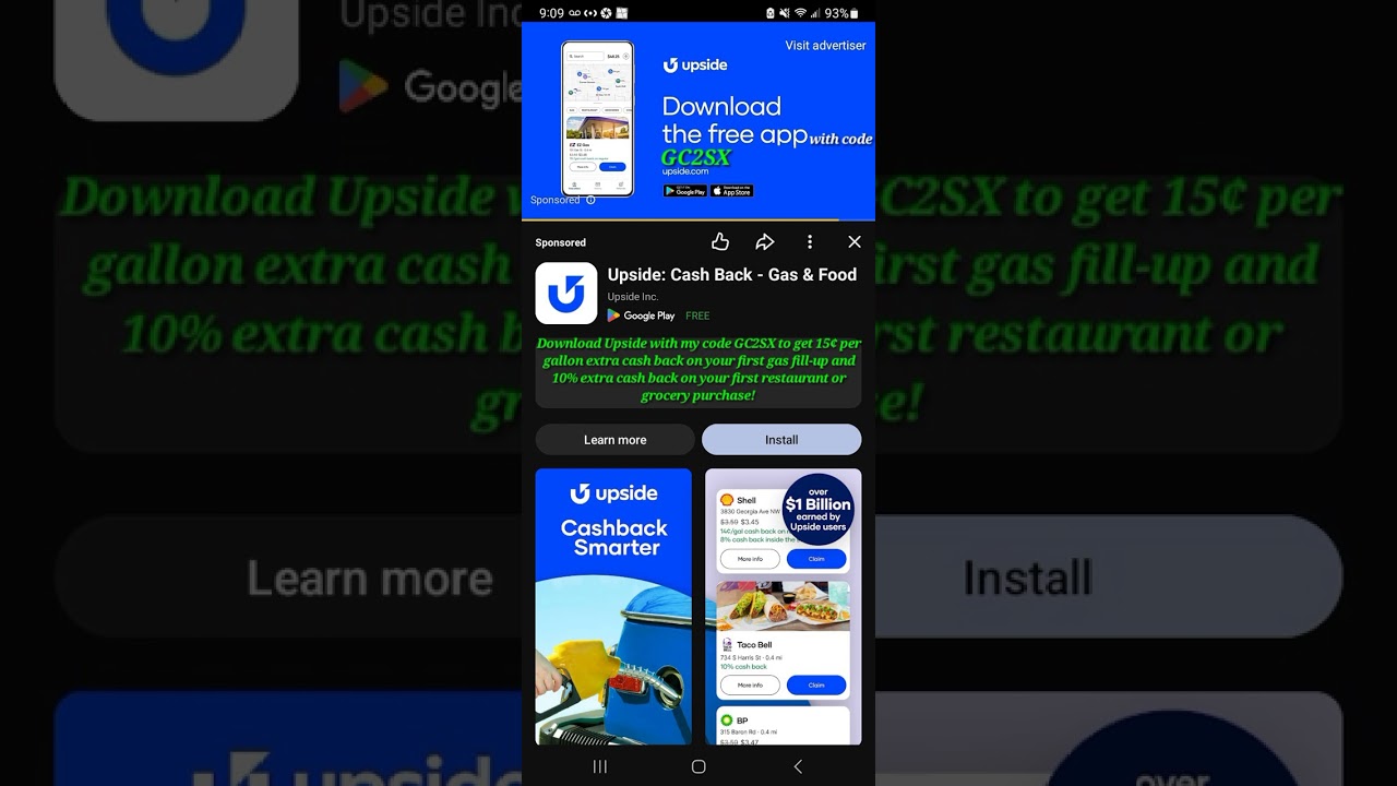 Download Upside with GC2SX to get 15¢/gal on gas and 10% extra cash back on food 