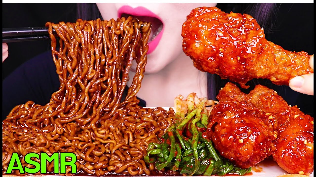ASMR FRIED CHICKEN + BLACK BEAN NOODLES 시크릿 양념 치킨 닭다리 + 짜파게티 먹방 (EATING SOUNDS) NO TALKING MUKBANG