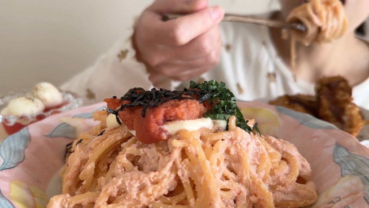 【ASMR MUKBANG】辛子明太子のクリームパスタを食べる【咀嚼音 EATING SOUNDS】
