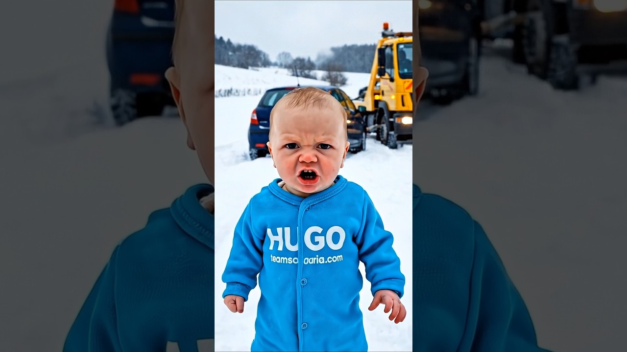 B&eacute;b&eacute; Hugo et sa voiture avec la d&eacute;panneuse sous la neige et le verglas #teamsolaria #bebe #ia #hugo