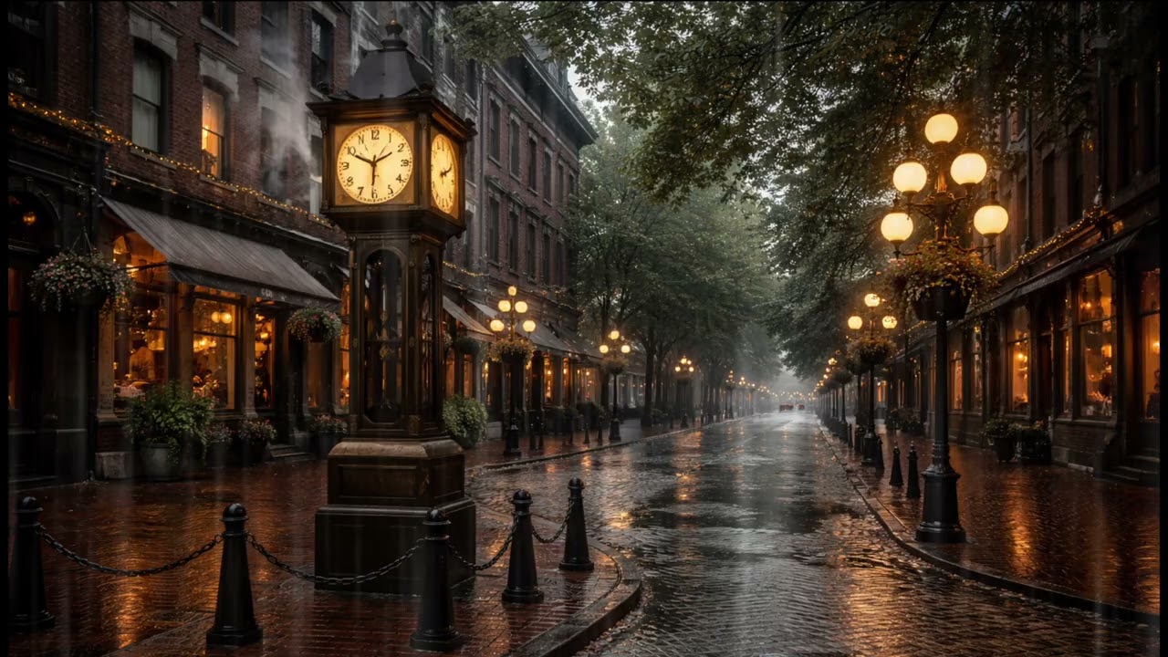 Rainy Night in Gastown Vancouver 🌧️ 7+ Hours of Rain Sounds by the Steam Clock (Sleep, Study, Relax)