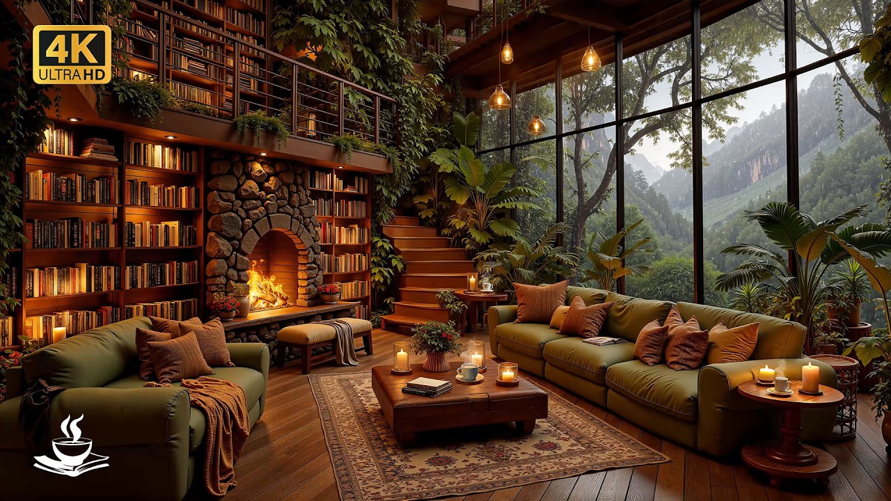 Panoramic Rain Library Jazz with Loft Bookshelves | Bibliophile Haven, Reading Focus & Silent Study
