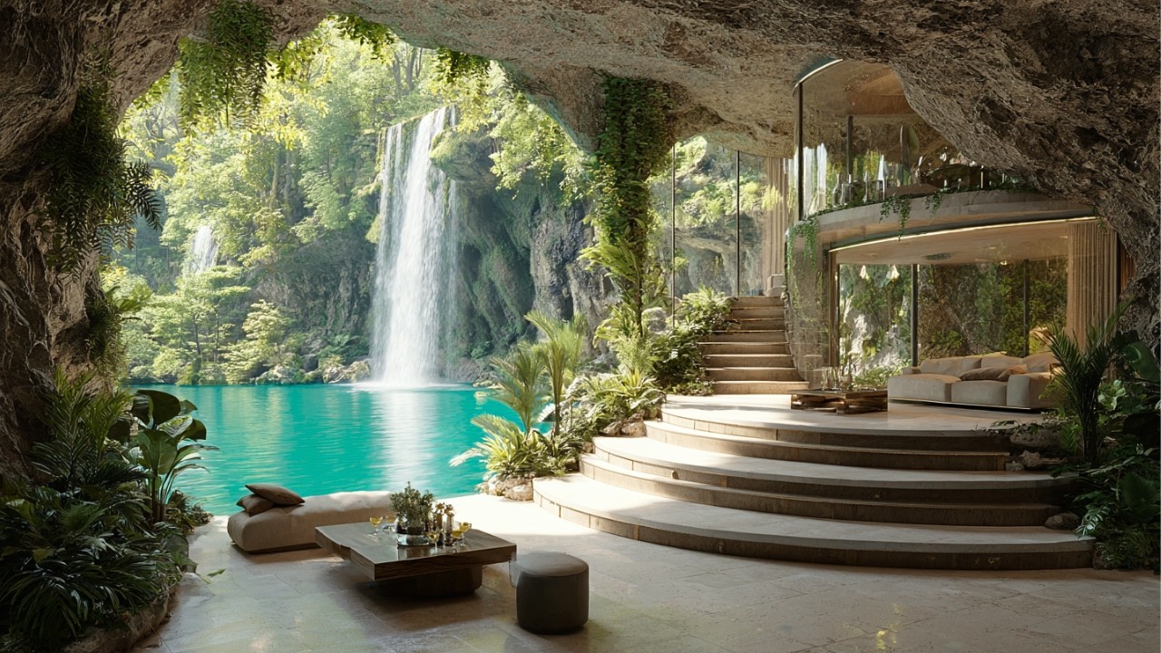 Hidden Cave Waterfall 🌿 Forest Birds + Lagoon White Noise for Deep Focus & Calm