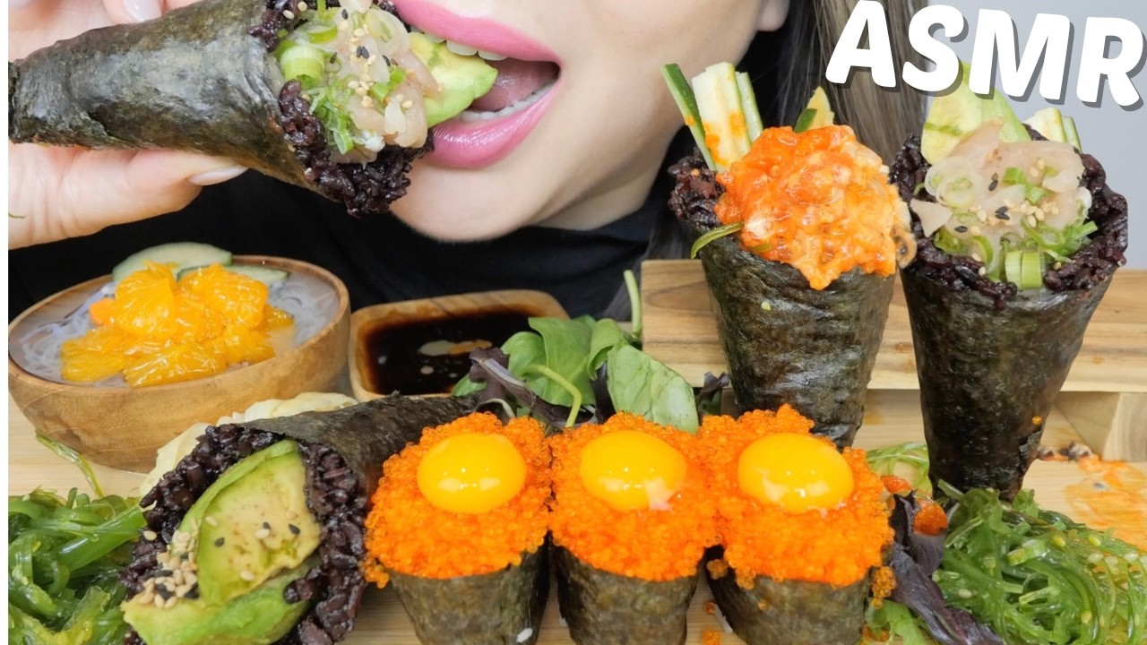 ASMR SUSHI *Spicy Sockeye, Negitaro & Avocado Black Rice Cone with Orange Tobiko Quail Eggs | N.E