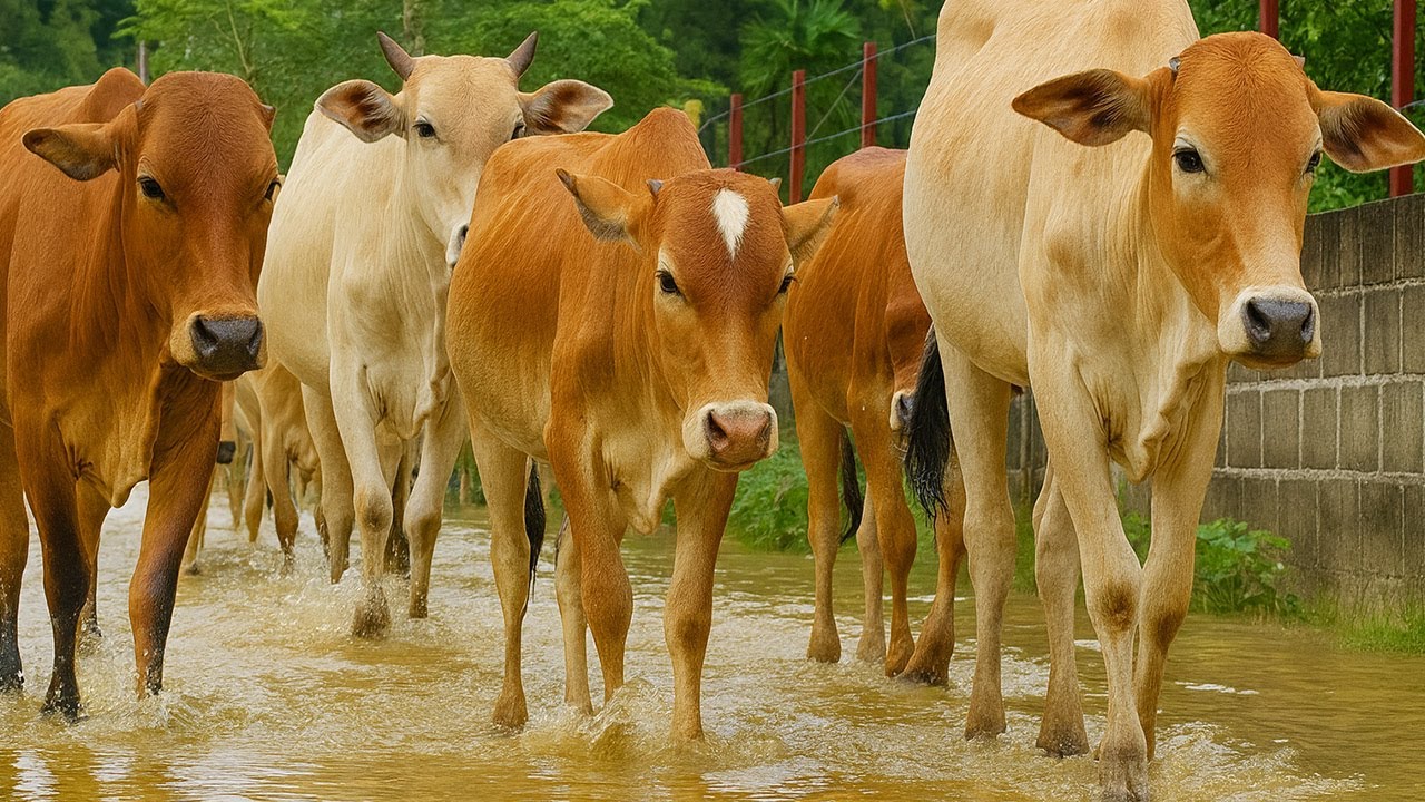 Vidio Mengembala sapi-sapi jinak bergerombolan menyusuri jalan menuju sawah hijau luas,Suasana alam.