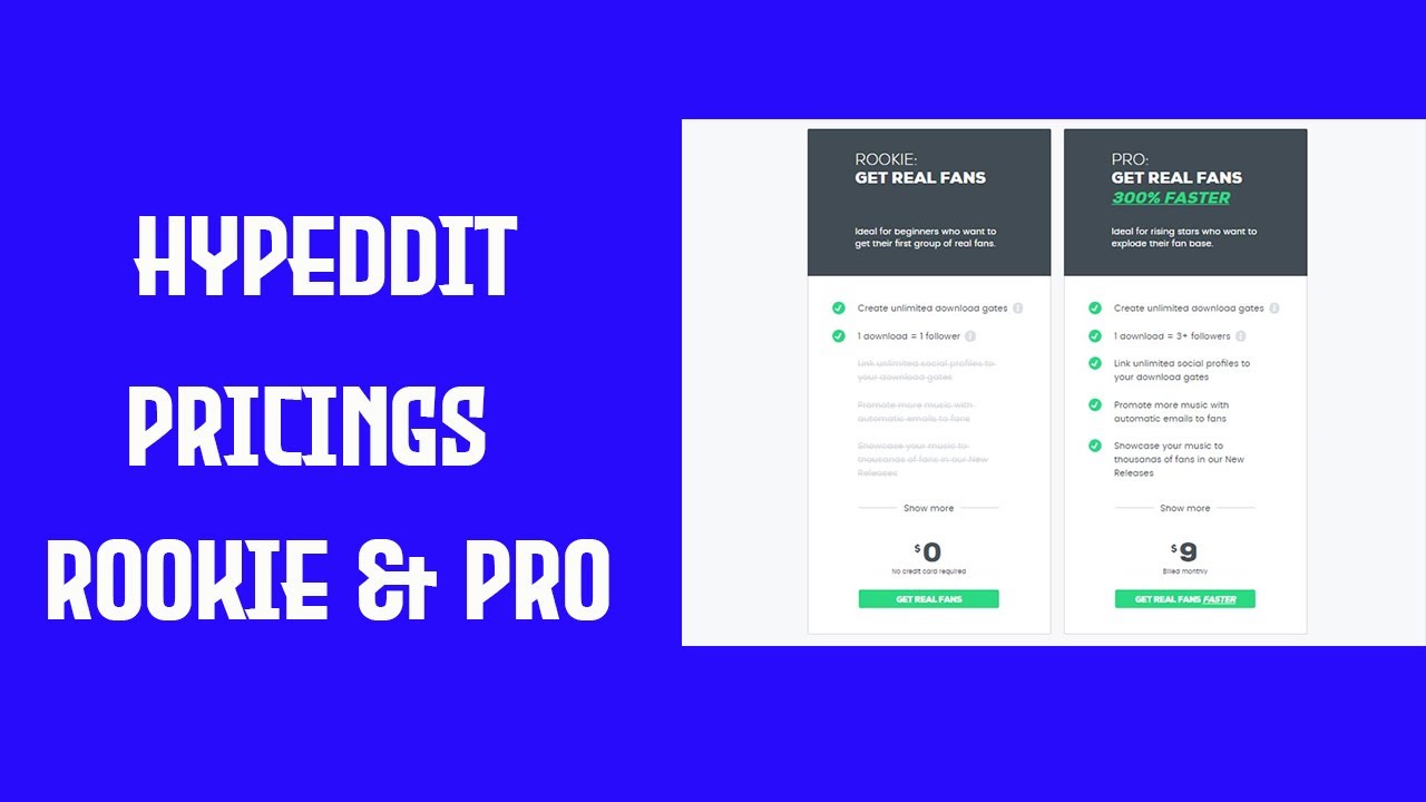 Hypeddit plans and pricing; Rookie and pro music promotion plans