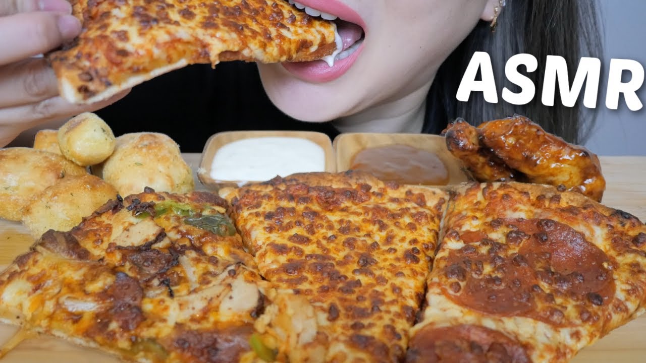 Assorted Hand Tossed PIZZA with Sweet Habanero Wings ASMR *NO Talking Eating Sounds | N.E