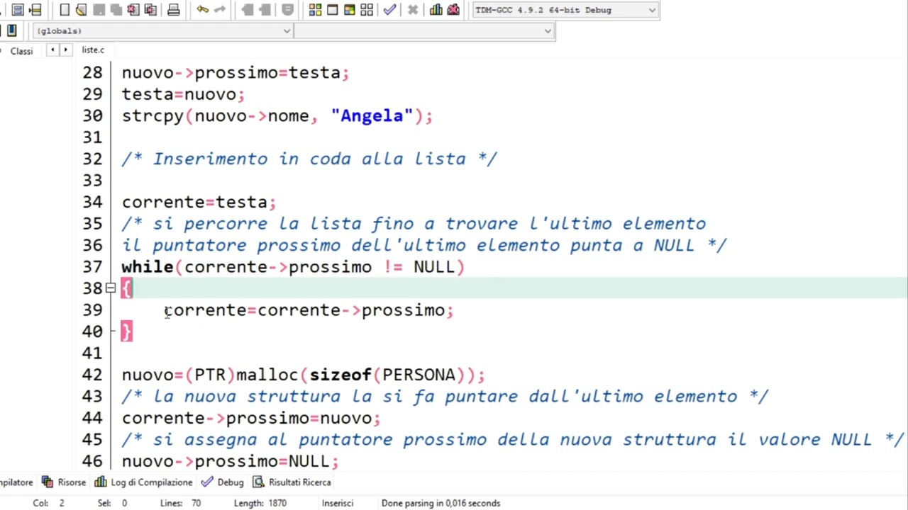 Linguaggio C - Liste collegate: un esempio di utilizzo.