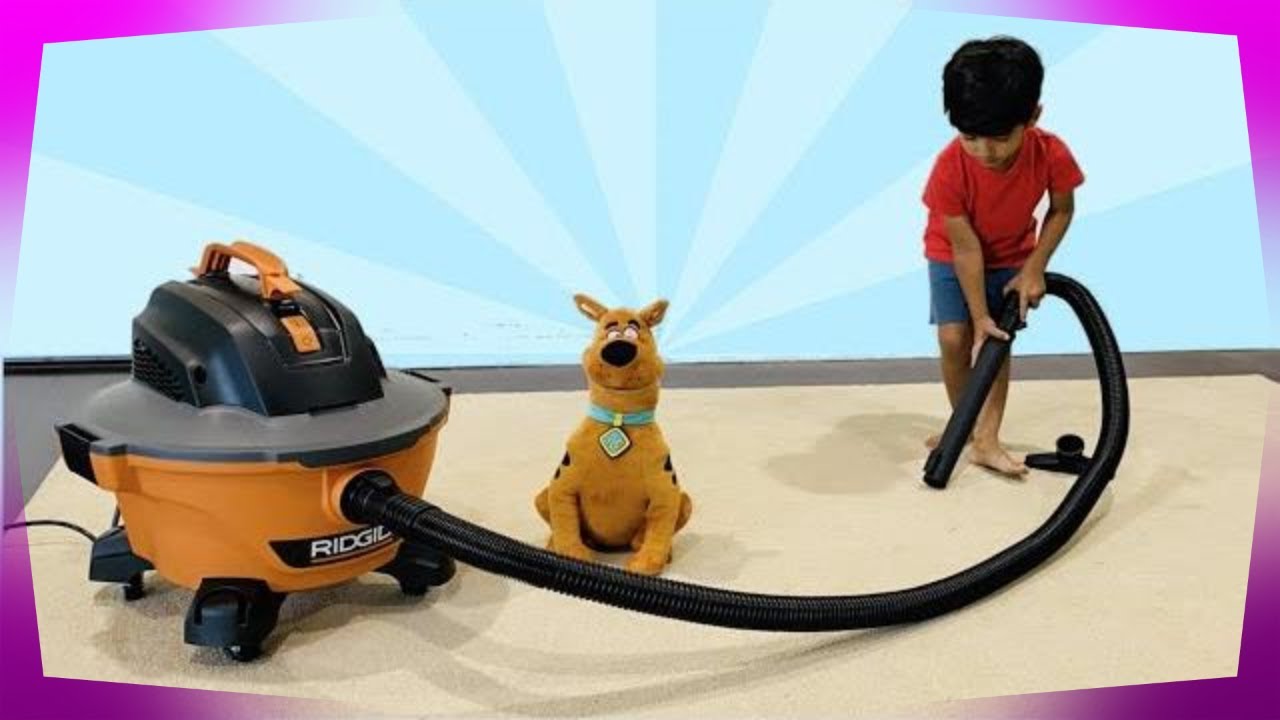 Распаковка пылесоса для влажной и сухой уборки Ridgid с изображением мальчика и Скуби