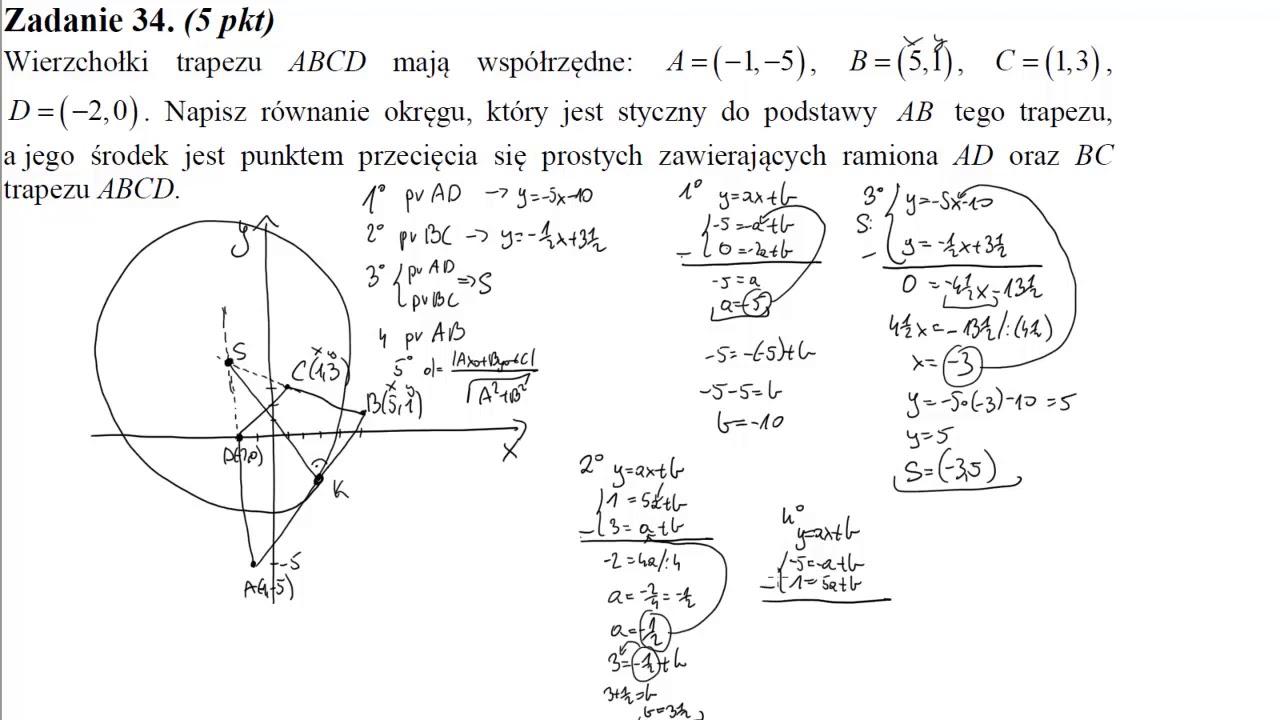 34 Wierzchołki trapezu ABCD mają współrzędne A=−1,−5, B=5,1, C=1,3, D=−2,0  Napisz równanie okręgu,