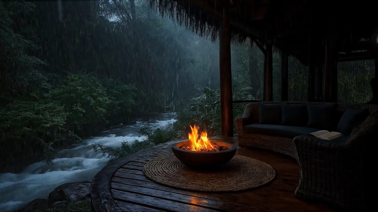 Ultimate Relaxation ASMR 🌧️🔥 | Watching the Rainstorm from a Cozy Porch by a Babbling Stream