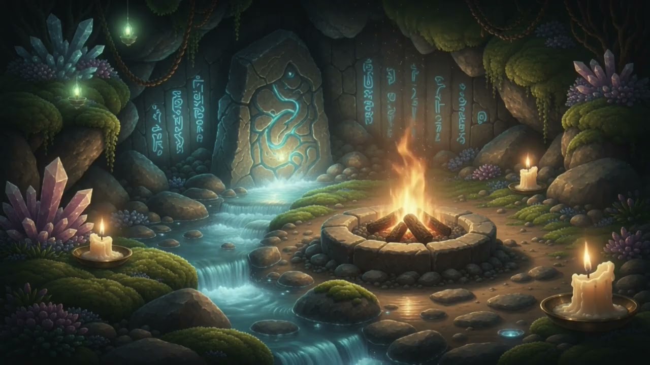 8 Hours Enchanted Fantasy Fire & Flowing Water 🔥💧 Background Ambience | Ambient Cozy