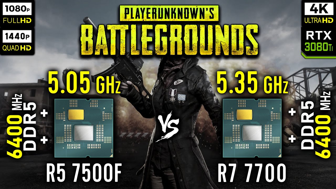 Ryzen 5 7500F vs Ryzen 7 7700 in PUBG: Battlegrounds | RTX 3080 Ti [ 1080p vs 1440p vs 4K ]