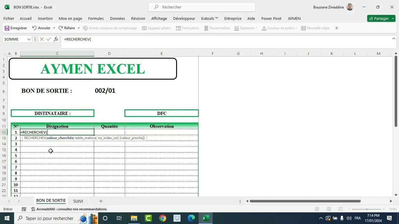 bon de sortie automatique excel dz