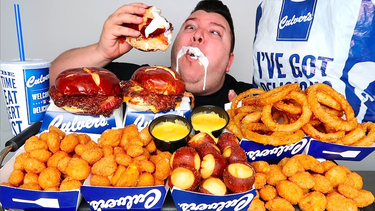 Trying Culver's Drive-Thru Extremely Cheesy Pretzel Bacon Cheeseburger with Cheese Sauce • MUKBANG