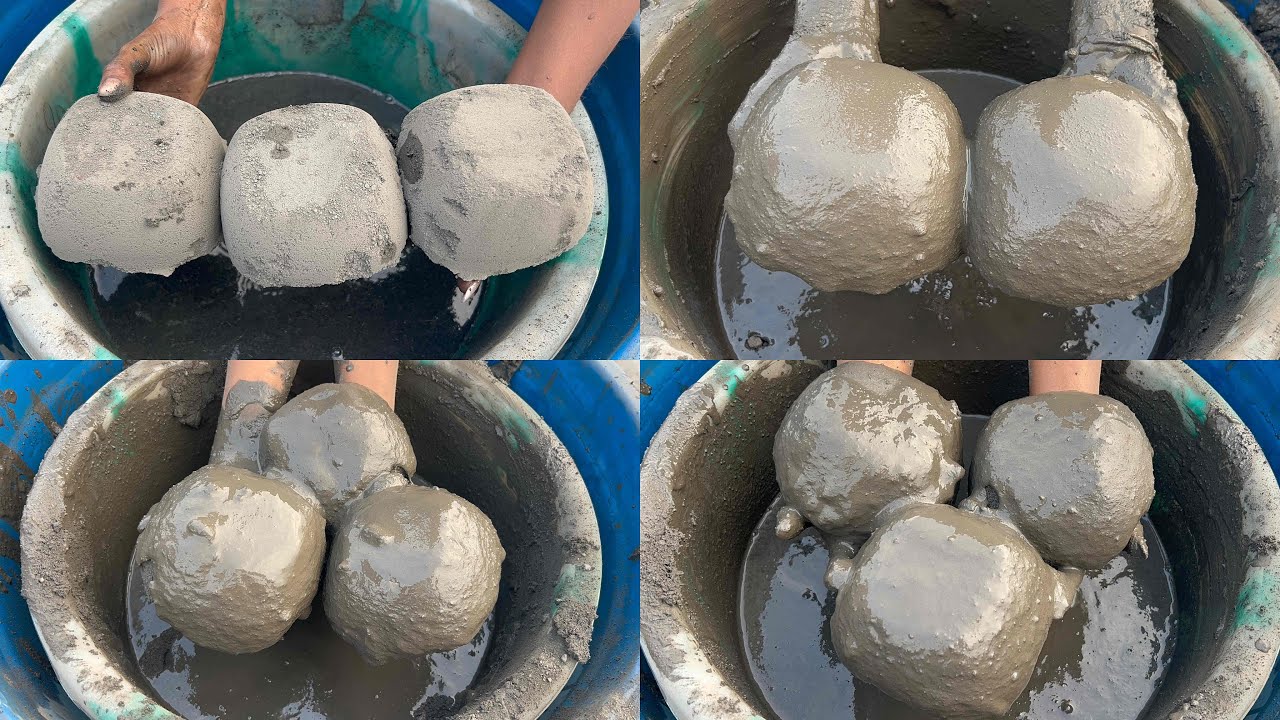 Sand and cement smashing huge squares bowls water crumbling and pasteplay dipping also 