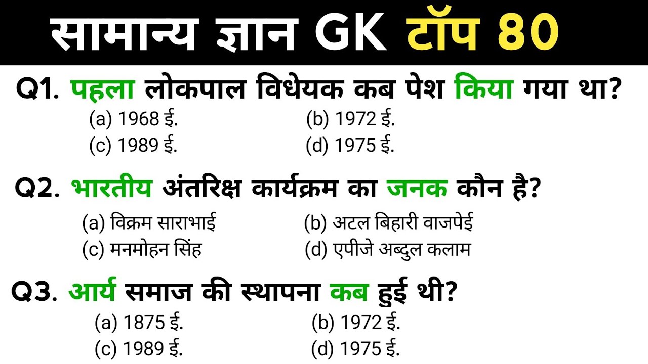 सामान्य ज्ञान | Top 80 Gk/GS Question | Previous Year Question | gk question and answers | gk quiz