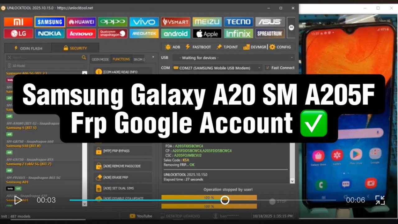 Samsung Galaxy A20 SM A205F Frp Google Account bypass with UnlockTool