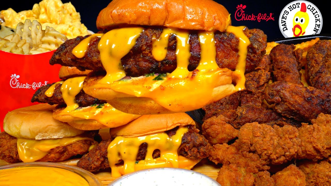ASMR MUKBANG DAVES HOT CHICKEN BURGERS, CHICK-FIL-A CHICKEN MAC N CHEESE & FRIES | WITH CHEESE