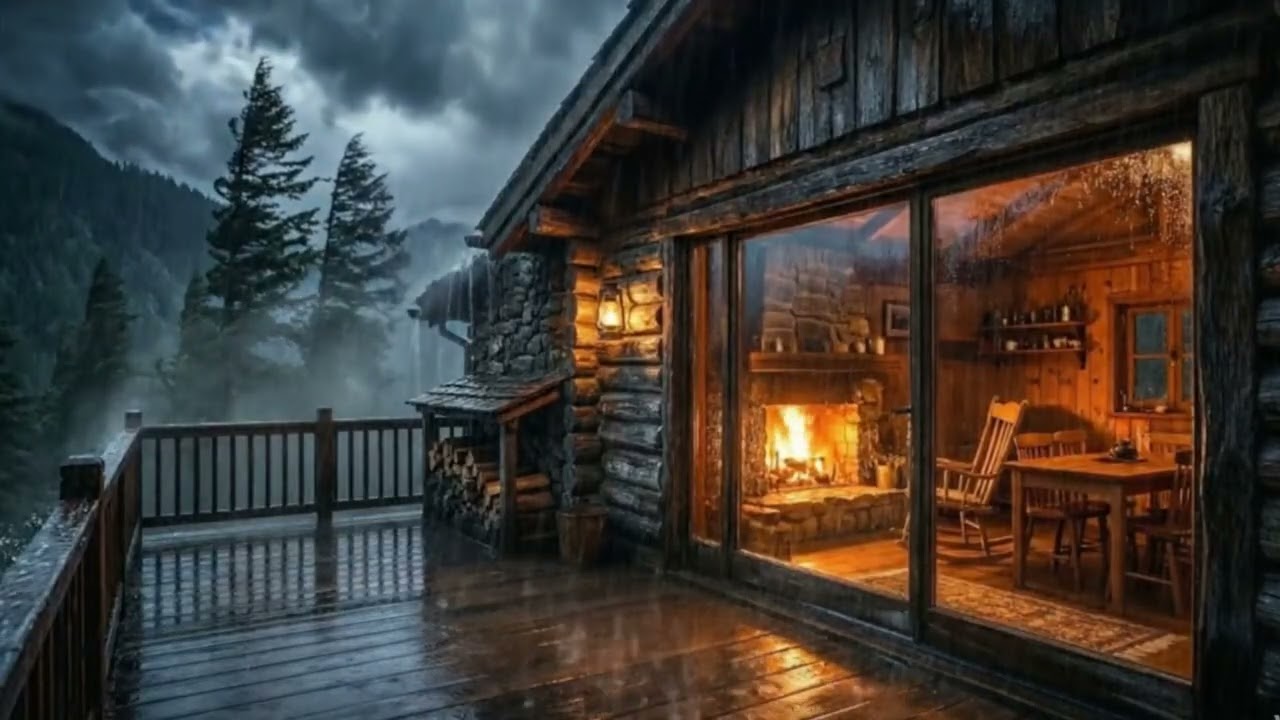 Escape to a Cozy Cabin in Heavy Rain & Fireplace | Relaxing Storm Sounds (4 Hours)