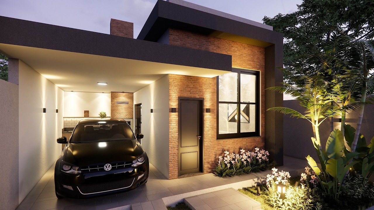 PLANTA DE CASA PEQUENA E MODERNA | 2 QUARTOS | GARAGEM COBERTA COM CHURRASQUEIRA