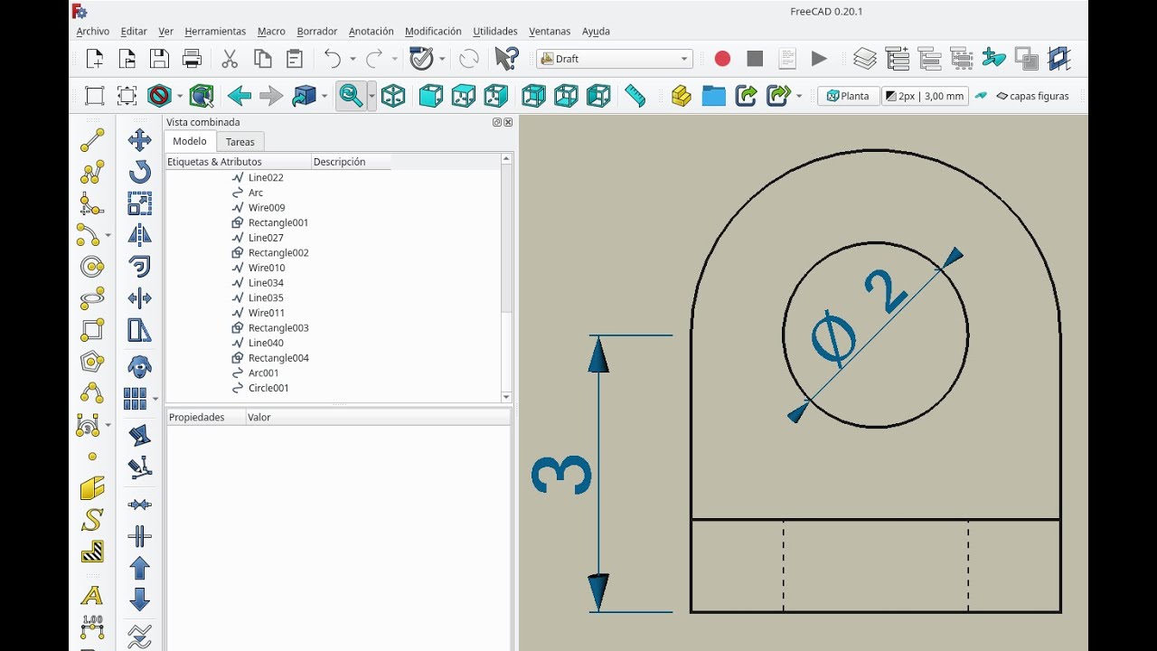 Dibujar 2D en FreeCAD (líneas discontinuas, arcos y circunferencias)