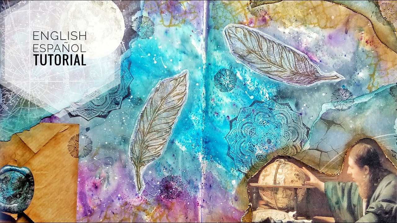 Art Journal ~  Cosmos de Cristina Radovan y  Brushos / Stamperia Cosmos and Brusho pigments