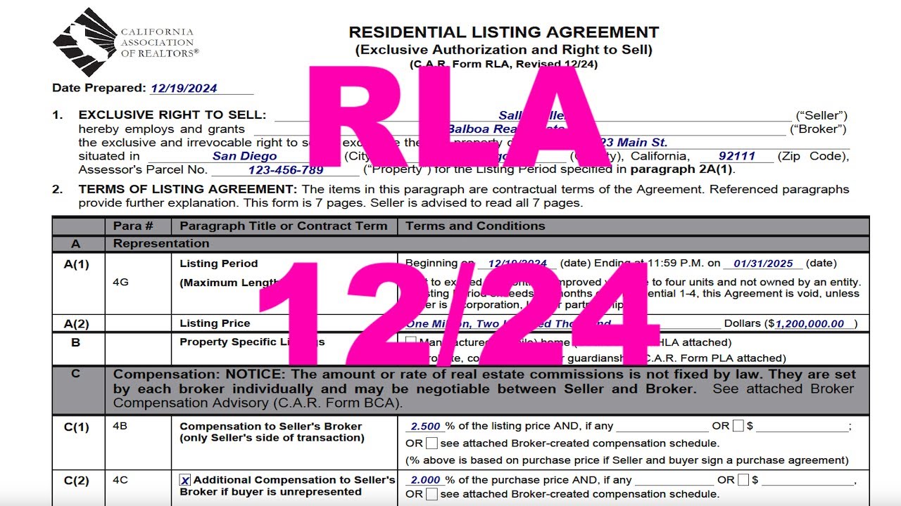 Revised 12/24 Residential Listing Agreement C.A.R. Form RLA - California Listing Agreement.