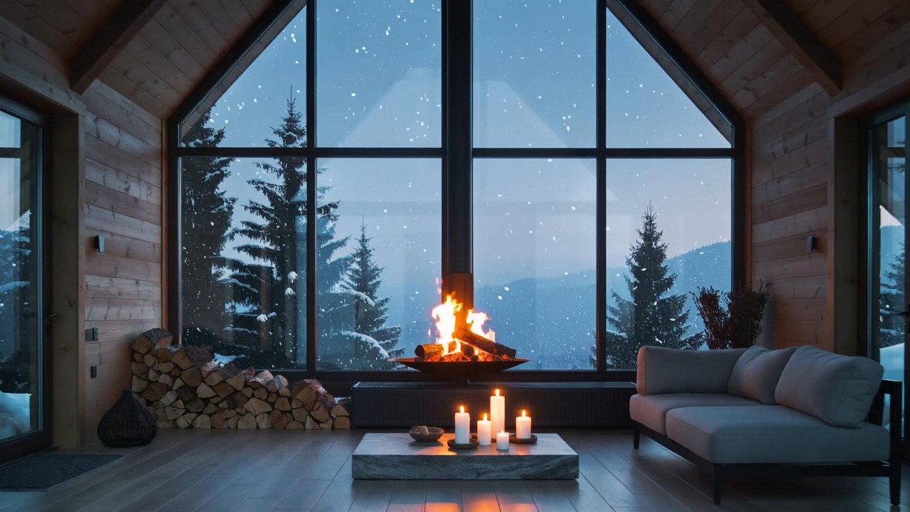 6 Hours Cozy Winter Cabin Fireplace Ambiance ❄️ Snowing Outside & Crackling Fire for Sleep, Study