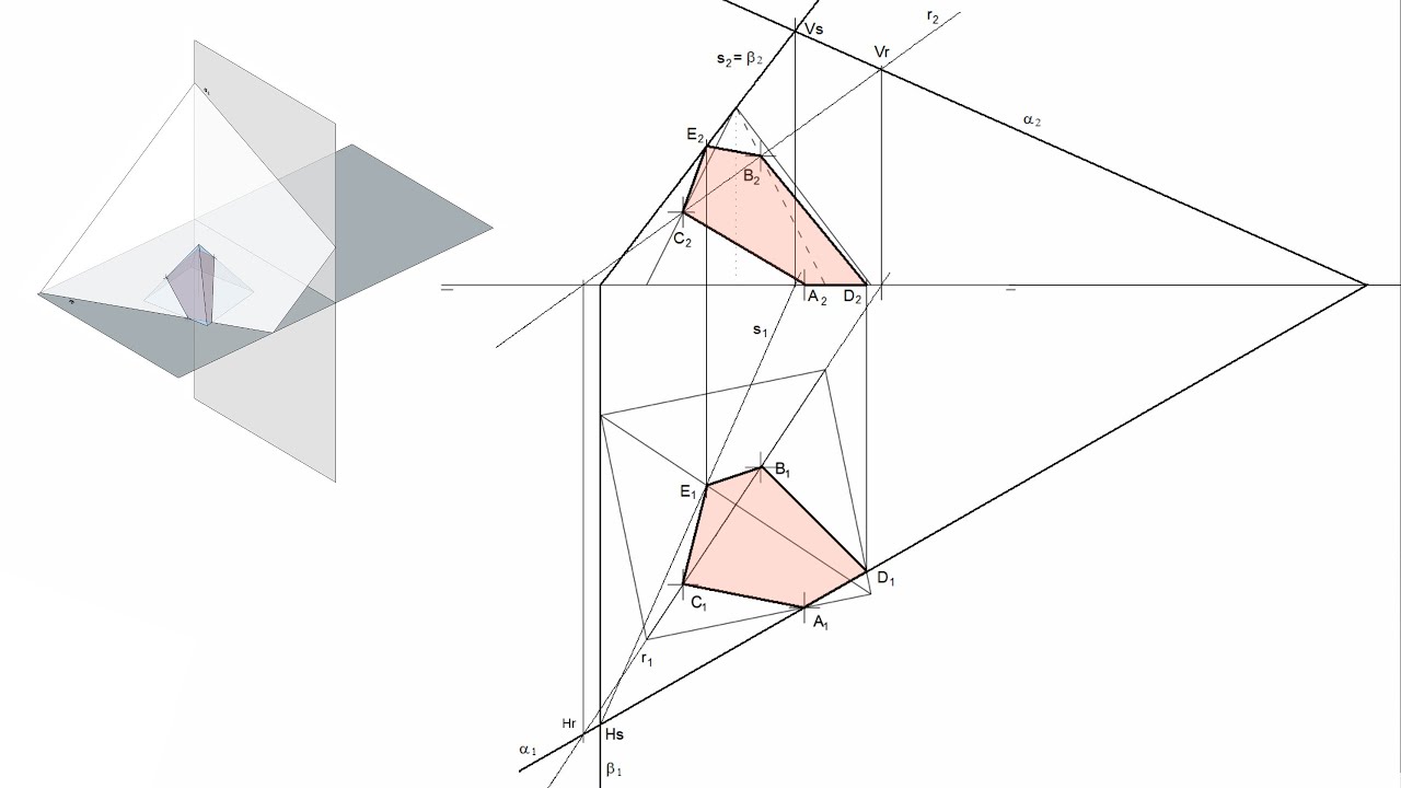 Section of a square pyramid by plane defined by 3 points in orthographic projections system