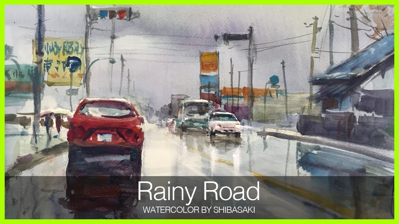 Watercolor demonstration | Rainy Road 水彩で描く雨の道路