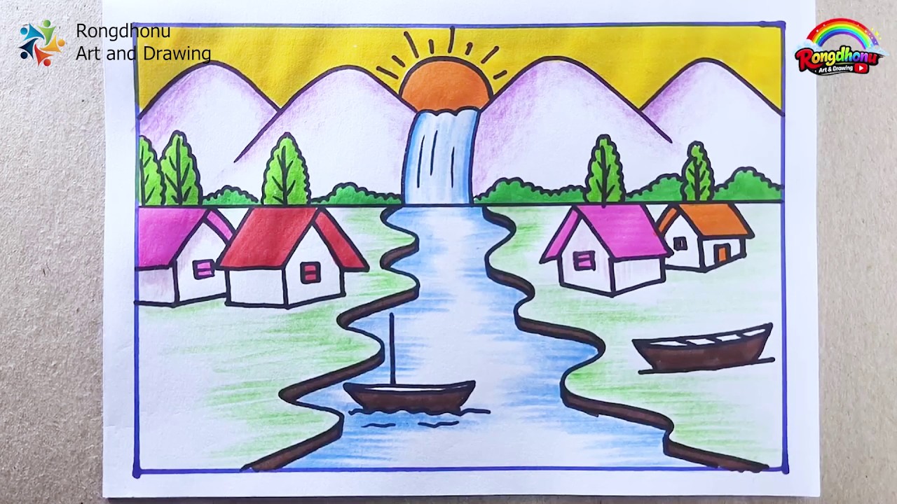 Beautiful Village Scenery Drawing with River & Waterfall | Mountain Landscape Drawing