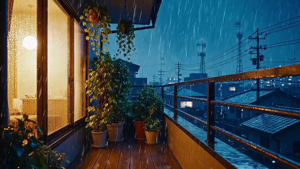 Japanese apartment  at night during heavy rain