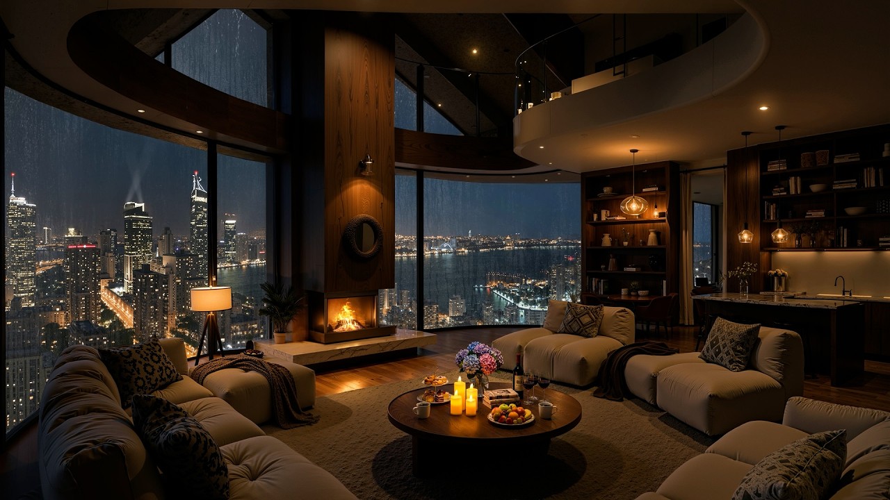 Relaxing Jazz in Luxury NYC Apartment Ambience 🌃 Soothing Jazz Music & Rain Outside for Deep Sleep