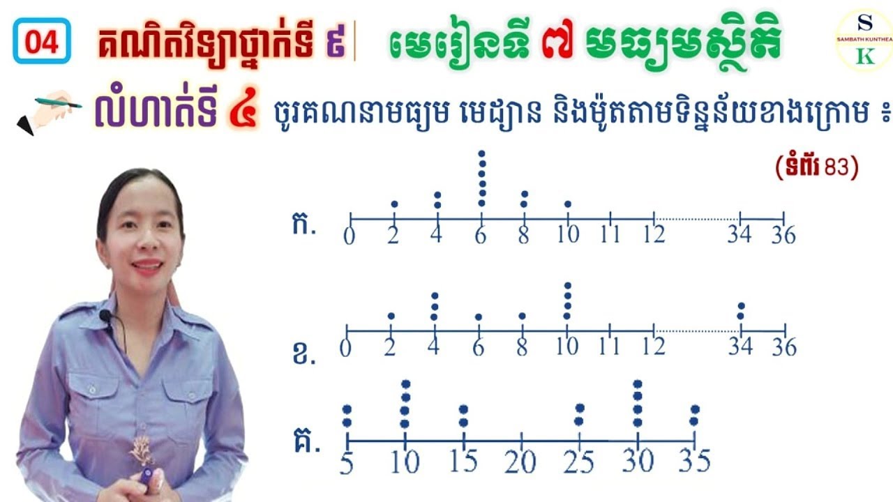 គណិតថ្នាក់ទី9 | មេរៀនទី7 មធ្យមស្ថិតិ | លំហាត់ទី4 ចូរគណនាមធ្យម មេដ្យាន និងម៉ូត | Khmer Math Grade 9