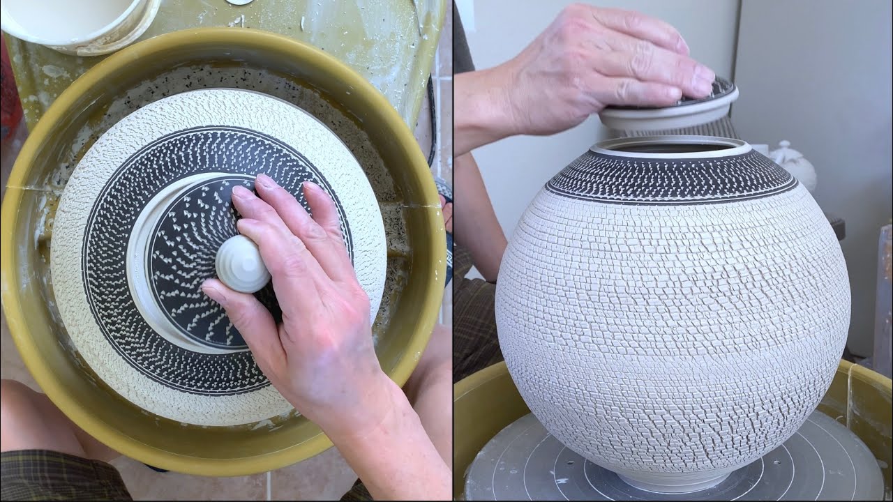 535. Making a 12-Lb Sodium Silicate/Chattering/Sgraffito Lidded Jar with Hsin-Chuen Lin 林新春 岩花瓷蓋罐示範