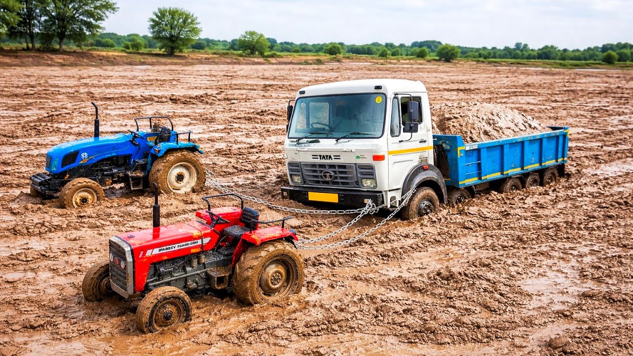 🚧 Swaraj Tractor Powerful Rescue Pulling Tata Tipper Truck Stuck in Deep Mud with JCB 3 DX l JCB toy