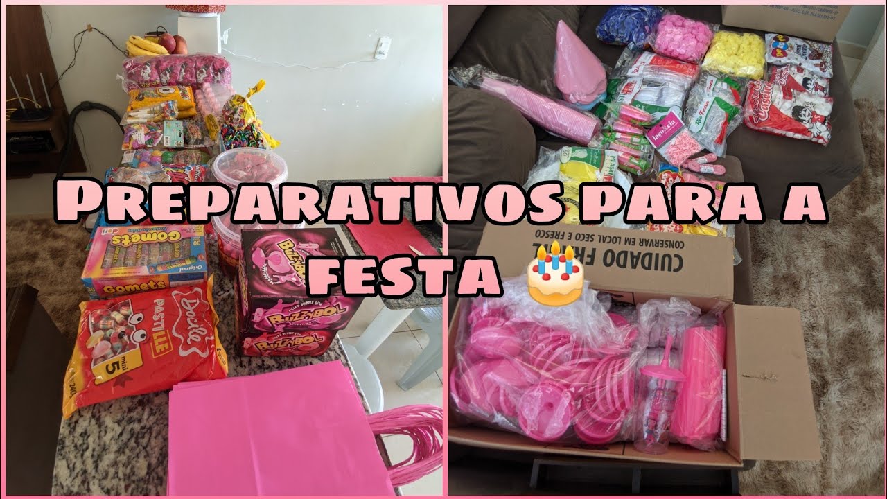 PREPARATIVOS PARA FESTA ENCHENDO AS SACOLINHAS SURPRESA - TEMA CIRCO ROSA + COPINHO PERSONALIZADO