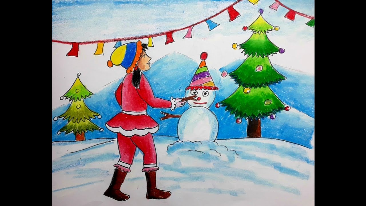 How to draw christmas scenery step by step/25 december drawing