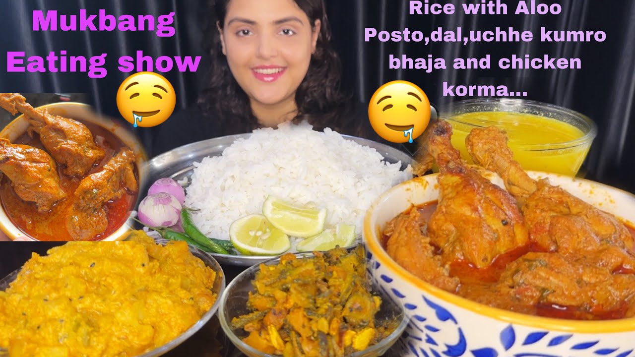 ASMR Eating Spicy Chicken Korma with Rice, Aloo Posto, Uchhe Kumro Bhaja | Mukbang Eating Show