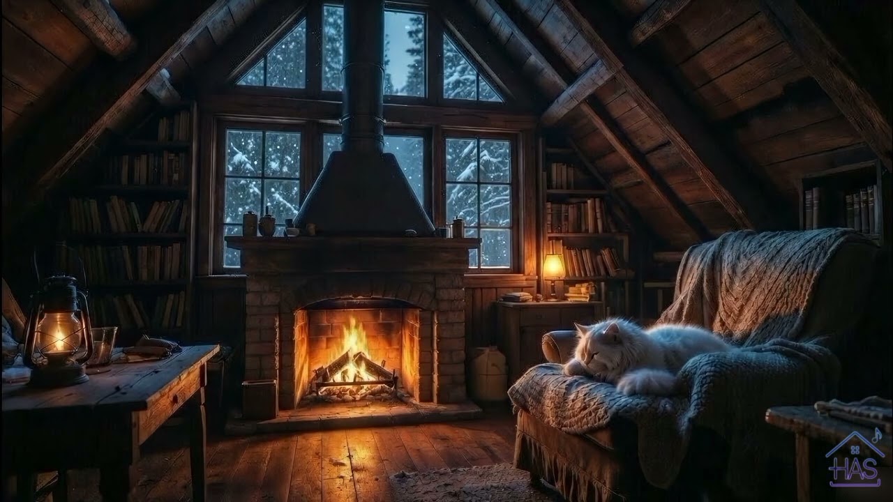 Cat Purring, Fireplace & Soft Piano ❄️ Cozy Snow Night for Deep Sleep | 1 Hour