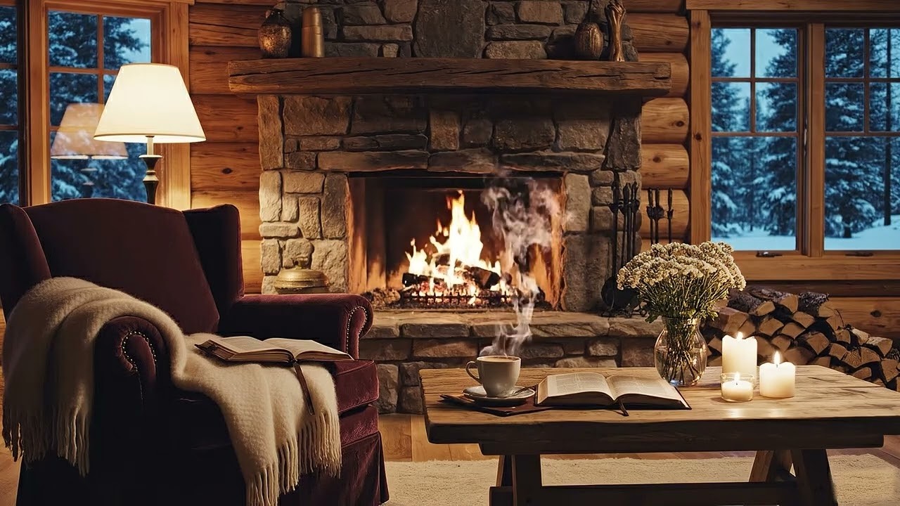 Relaxing Acoustic Guitar for a Peaceful Evening Escape | Cozy Fireplace & Reading (1 Hours)