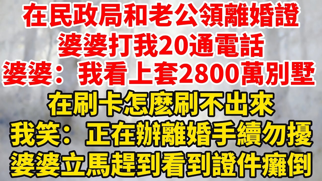 在民政局和老公領離婚證，婆婆打我20通電話，婆婆：我看上套2800萬的別墅，刷卡怎麽刷不出來？我笑：正在辦離婚手續，勿擾！婆婆立馬趕到看到證件癱倒！#婆媳关系 #家庭伦理 #完結 #情感故事 #爽文