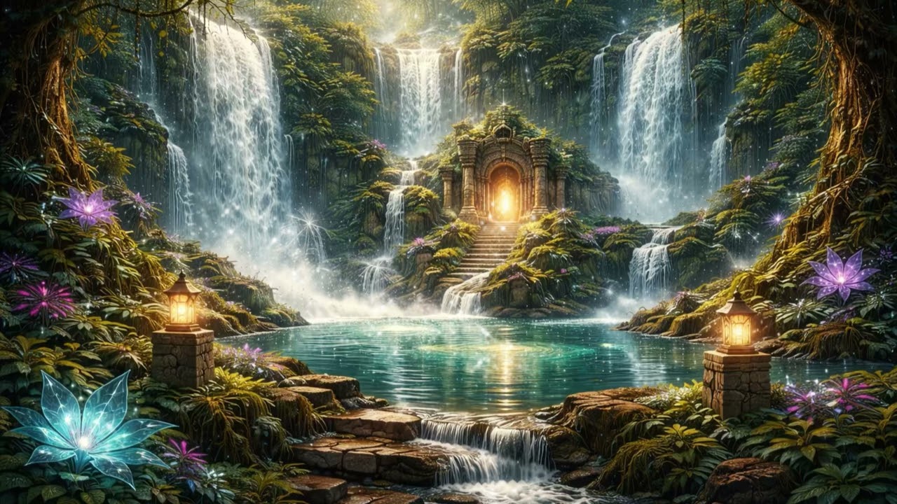 Sacred Waterfall Temple – Mystical Deep Focus Ambient (1 Hour)