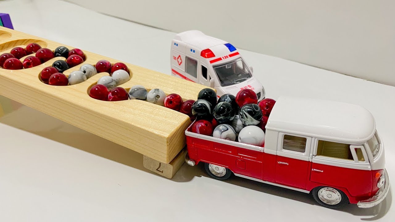 Marble Run Race ☆ HABA Slope &Retro Makita Truck, Excavator, Garbage Truck, Dump Truck,Ambulances#01