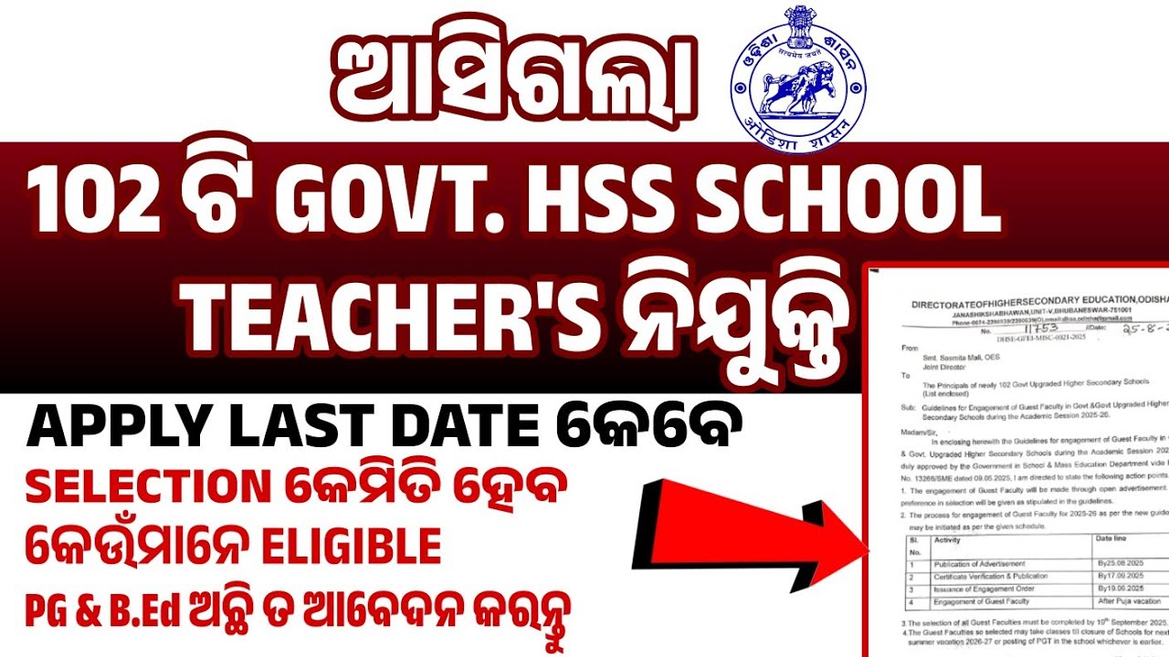 ଆସିଗଲା GOVT UPGRADED & GOVT. HSS +2 SCHOOL'S VECANCYS|| 102 School's|| ସବୁ District ରେ vacancys ଅଛି 