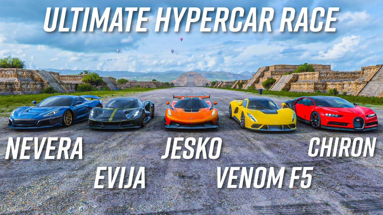 Koenigsegg Jesko vs Hennessey Venom F5 vs Bugatti Chiron vs Rimac Nevera vs Lotus Evija | FH5