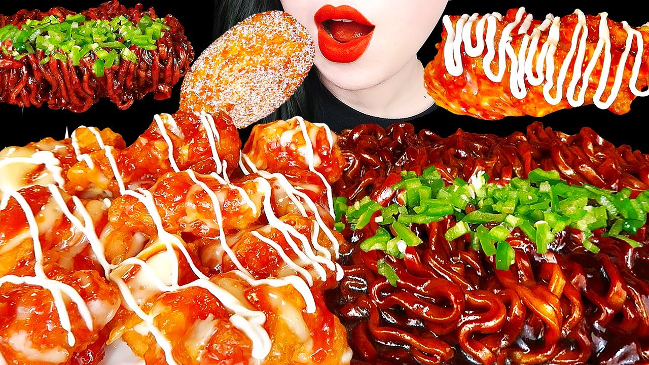 ASMR GIANT Fried Chicken & Black Bean Noodles Corn Dog Feast 양념치킨 짜파게티 모짜렐라 핫도그 먹방 Mukbang Eating
