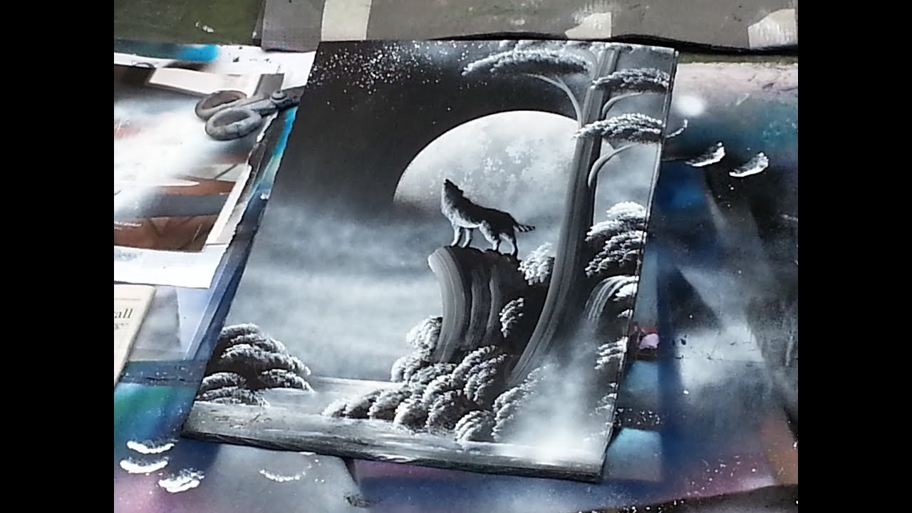 spray paint art - Wolf and moon - made by street artist