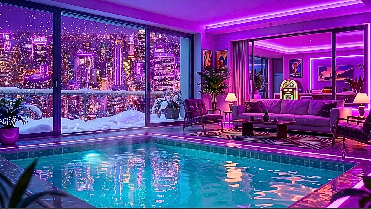 Retro Neon Skyline Pool ❄️🌆 Ultra Chill Out Lofi and City Snowfall Ambience for Relaxation and Study